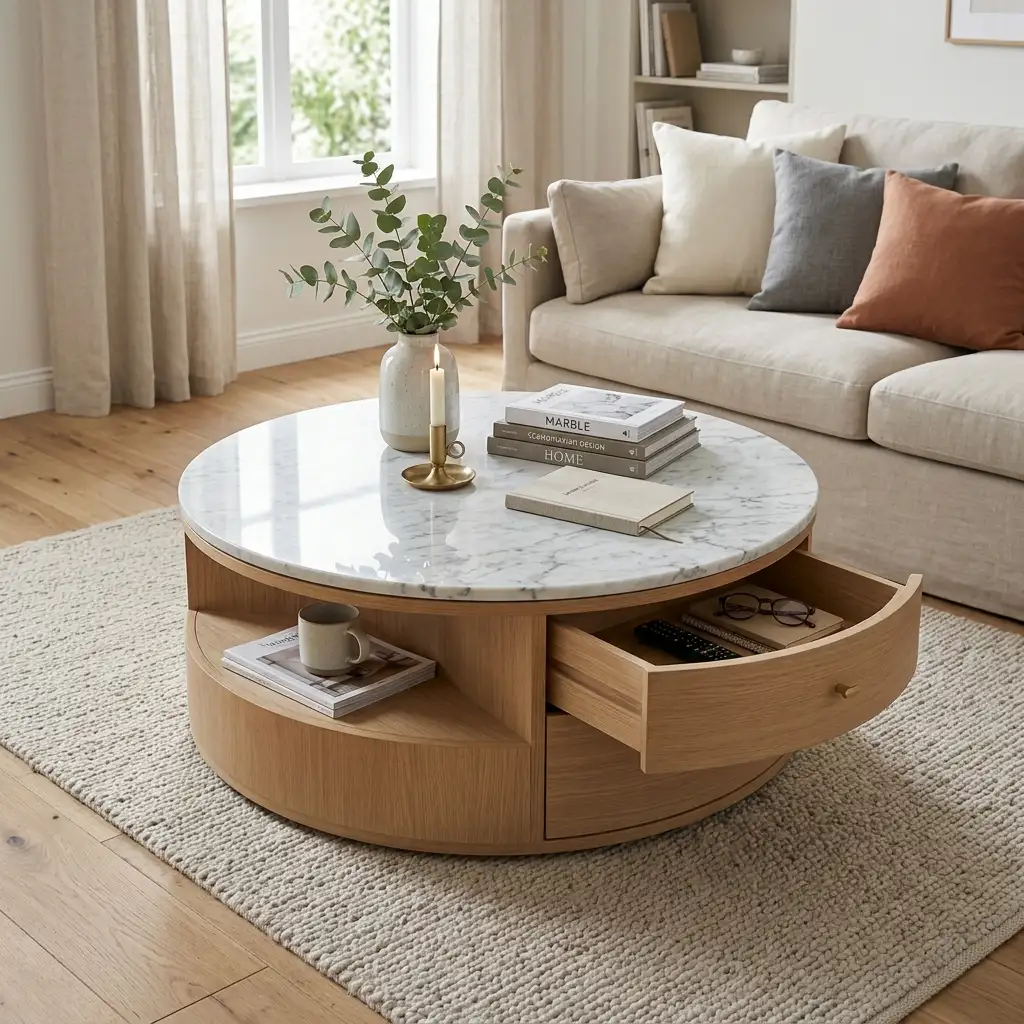 Round Marble Coffee Table with Storage